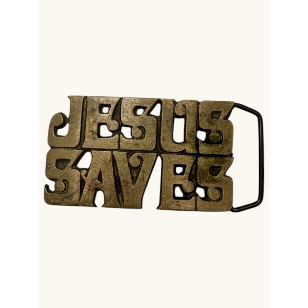 Vintage Jesus Saves Solid Brass Belt Buckle Religious Christian Taiwan 4501